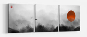 Japanese red sun landscape artwork black and white wall art 3 panel canvas print