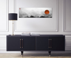 Japanese Red Sun Landscape Black and White Wall Art Framed Eco Leather Canvas Print, Made in Italy!