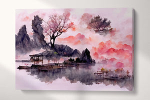 Pink Japanese Style Artwork Forest Lake Mountain canvas print
