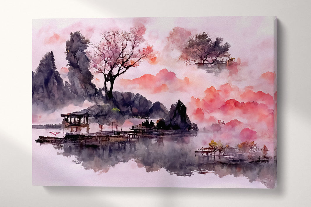 Pink Japanese Style Artwork Forest Lake Mountain canvas print