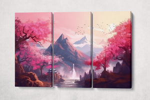 Oriental Sakura Landscape Pink Artwork Wall Art Framed Canvas Print 3 Panels