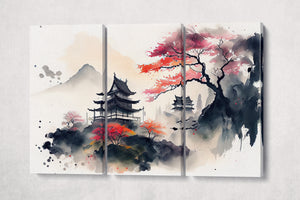 Japan mountain pagoda sakura wall decor canvas print