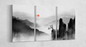 Oriental Japan Artwork Black and White Mountains Red Sun Wall Art Canvas Print 3 Panels