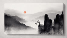 Load image into Gallery viewer, Oriental Japan Artwork Black and White Mountains Red Sun Wall Art Canvas Print