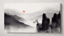 Charger l&#39;image dans la galerie, Oriental Japan Artwork Black and White Mountains Red Sun Wall Art Canvas Print