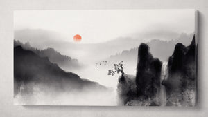 Oriental Japan Artwork Black and White Mountains Red Sun Wall Art Canvas Print
