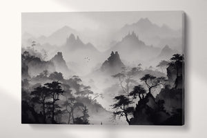 Oriental Black and White Mountains Artwork Wall Art Framed Canvas Print
