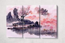 Load image into Gallery viewer, Pink Japanese Style Artwork Forest Lake Mountain 3 panel canvas print
