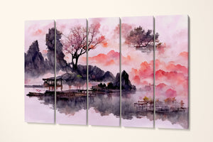 Pink Japanese Style Artwork Forest Lake Mountain 5 panel canvas print