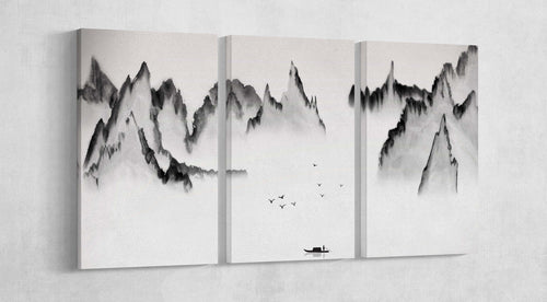Chinese Traditional Mountain Black and White Illustration Wall Art Framed Canvas Print, Made in Italy!