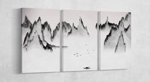Chinese Traditional Mountain Black and White Illustration Wall Art Framed Canvas Print, Made in Italy!