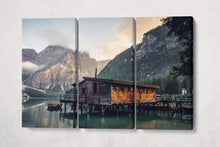 Load image into Gallery viewer, Lake Braies wooden house wall art canvas eco leather print 3 panels