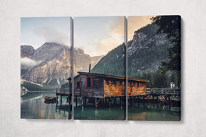 Lake Braies wooden house wall art canvas eco leather print 3 panels