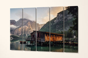 Lake Braies wooden house wall art canvas eco leather print 5 panels