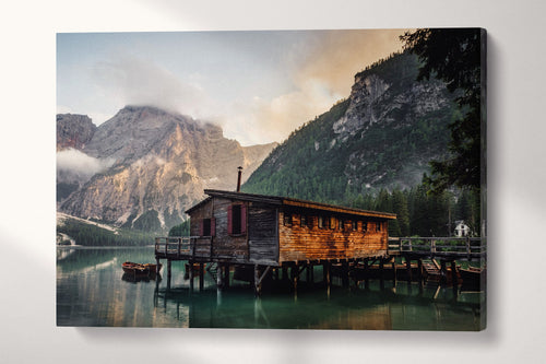Lake Braies wooden house wall art canvas eco leather print