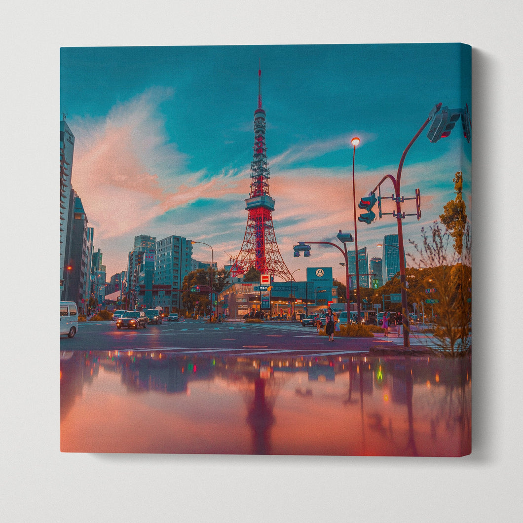 Japan reflections at dusk square framed canvas wall art eco leather print