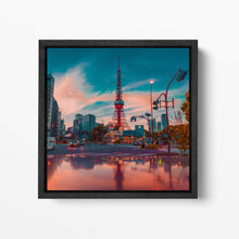 Laden Sie das Bild in den Galerie-Viewer, Japan reflections at dusk square black framed canvas wall art eco leather print