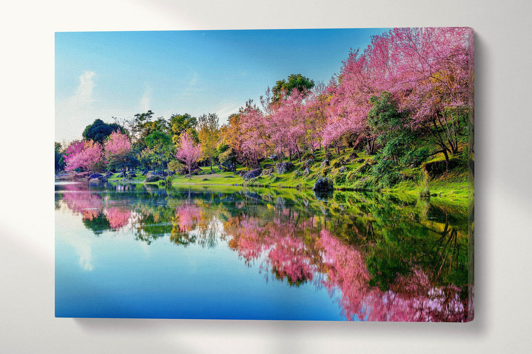 Japan Cherry Tree Blossom Lake Reflection Wall Art Canvas Eco Leather Print