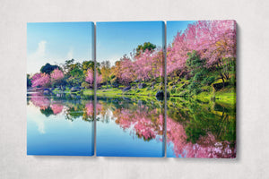 Japan Cherry Tree Blossom Lake Reflection Wall Art Canvas Eco Leather Print 3 panels