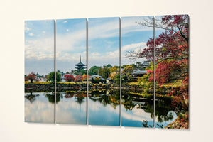 Japan Temple Nara Reflection Canvas Wall Art Eco Leather Print 5 panels