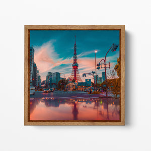 Japan reflections at dusk square wood framed canvas wall art eco leather print