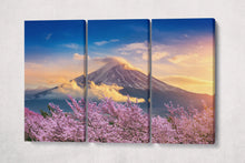 Carica l&#39;immagine nel visualizzatore di Gallery, Fuji Cherry Tree Blossom Japan Wall Art Canvas Eco Leather Print 3 panels