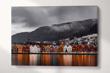 Laden Sie das Bild in den Galerie-Viewer, Bryggen, Bergen, Norway Gray Scale Canvas Wall Art Eco Leather Print