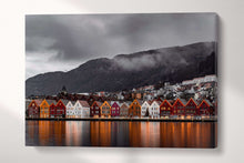 Laden Sie das Bild in den Galerie-Viewer, Bryggen, Bergen, Norway Gray Scale Canvas Wall Art Eco Leather Print