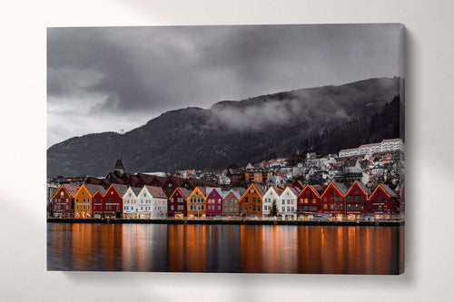 Bryggen, Bergen, Norway Gray Scale Canvas Wall Art Eco Leather Print