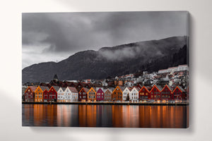 Bryggen, Bergen, Norway Gray Scale Canvas Wall Art Eco Leather Print