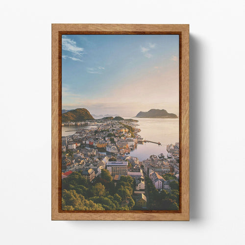 Aksla Viewpoint, Alesund, Norway Wood Framed Canvas Wall Art Eco Leather Print