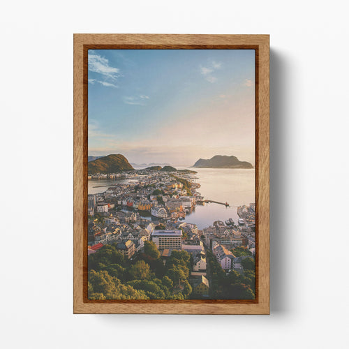 Aksla Viewpoint, Alesund, Norway Wood Framed Canvas Wall Art Eco Leather Print