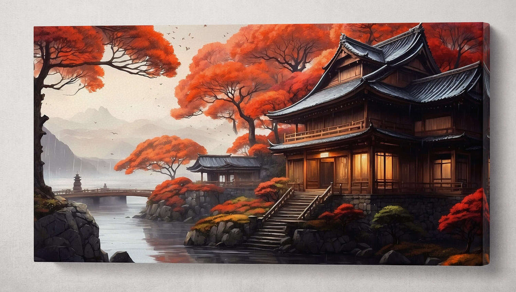 Japan Aumtumn Temple Canvas Wall Art