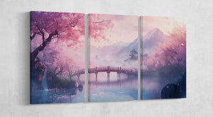 Cherry blossom landscape Japan manga 3 panels wall art