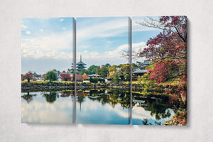 Japan Temple Nara Reflection Canvas Wall Art Eco Leather Print 3 panels