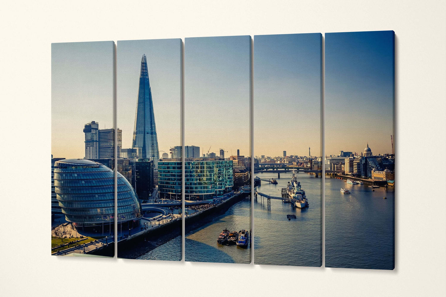 Thames London City Wall Art Home Decor Canvas Eco Leather Print 5 panels