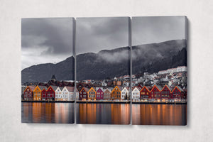 Bryggen, Bergen, Norway Gray Scale Canvas Wall Art Eco Leather Print 3 panels