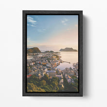 Load image into Gallery viewer, Aksla Viewpoint, Alesund, Norway Black Framed Canvas Wall Art Eco Leather Print