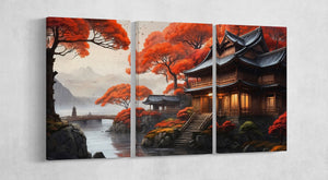 Japan Aumtumn Temple 3 Panels Canvas Wall Art