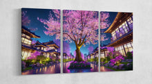 Load image into Gallery viewer, Cherry Tree Houses At Night Anime Japan 3 panels print