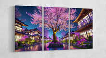 Charger l&#39;image dans la galerie, Cherry Tree Houses At Night Anime Japan 3 panels print
