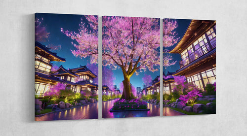 Cherry Tree Houses At Night Anime Japan 3 panels print
