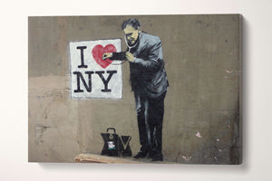I Love New York stampa Banksy canvas con cornice premium su tessuto ecopelle Made in Italy