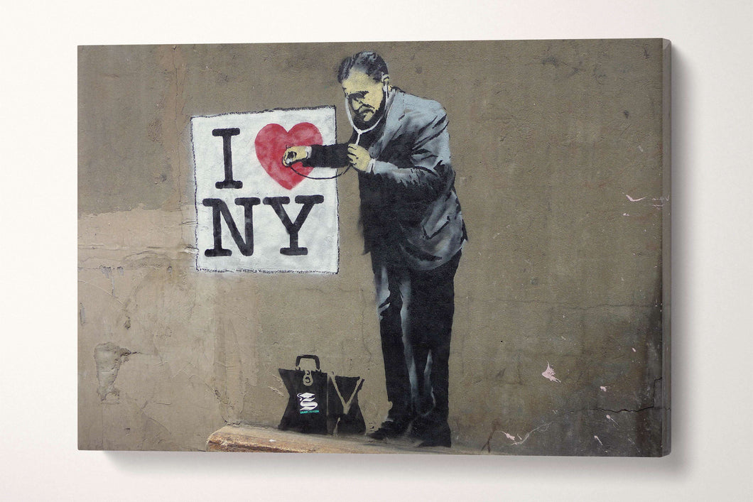 Ich liebe New York von Banksy Wall Art | Lederdruck | Schwebender Rahmen | Hergestellt in Italien